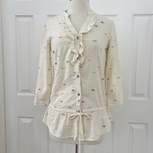 Poeta Womens Multicolored Thread Flecks Embroidered‎ Ruffle Linen Blouse Size XS